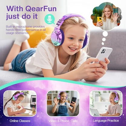 QearFun Kids Bluetooth Headphones, 60H Playtime, 74/85/94dB Safe Volume Limit, Metallic Gradient Wireless Headset with HD Mic, Fast Charging, Foldable, Wired 3.5mm Mode for School/Tablet/Travel - color: Purple