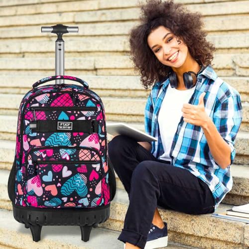 gxtvo Rolling Backpack for Girls, Adults Wheeled Bookbag with Lunch Box for Women, Kids Water Resistant Roller School Bag for College Teens Travel - Love Heart - color: Love Heart