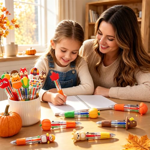 Vellibring 48Pcs Thanksgiving Fun Pens, Cute Autumn 4-in-1 Maple Leaf Pumpkin Turkey Animal Character MultiColor Pens Fall Harvest Party Favor Classroom Reward Stationery Gift - style: Thanksgiving-48pcs