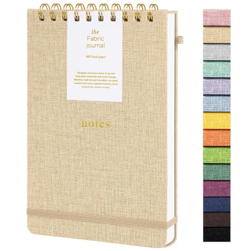 A5 Top Spiral Notebook, Fabric Hardcover College Ruled Journal | 100GSM Paper 160 Lined Pages, 5.7"x8.39" Steno Pads with Elastic Band & Pen Loop, for Work, School Note Taking (Khaki) - color: Khaki, size: A5-Steno Pads-160pages