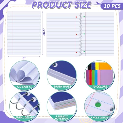 Fulmoon 10 Pcs 5 Subject Notebook Spiral Notebooks for School Office Hardcover Spiral Lined Notebook for Work, 240 Pages/ 120 Sheets, 8 x 10-1/2", 3 Hole Punched, 4 Removable Dividers(11/32 inch) - size: 11/ 32 inch