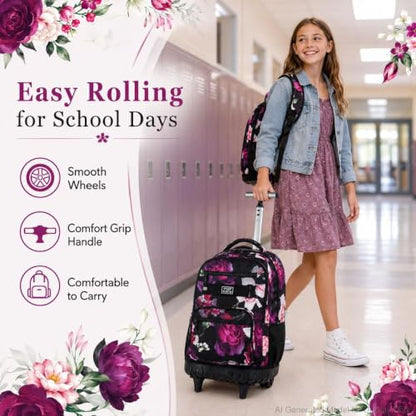 3Pcs Rolling Backpack for Girls Women, Travel Roller Backpacks with Wheels for Adults, Teens College Rose Wheeled Bookbag with Lunch Box(Black) - color: Rose Black