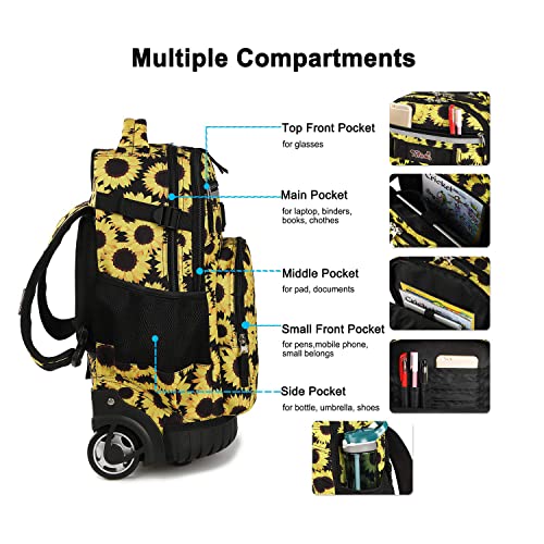 Tilami Rolling Backpack 18 inch Wheeled Laptop Backpack School College Student Travel Trip Boys and Girls (Sunflower) - color: Sunflower