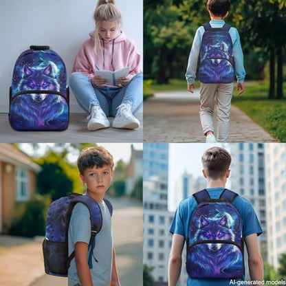 Galaxy Wolf Backpack with Lunch Box for Elementary Boy Back to School Supplies, Perple 17 Inch 4 Pcs Bookbag with Wider Strap to Reduce Shoulder Pressure - color: Galaxy Wolf