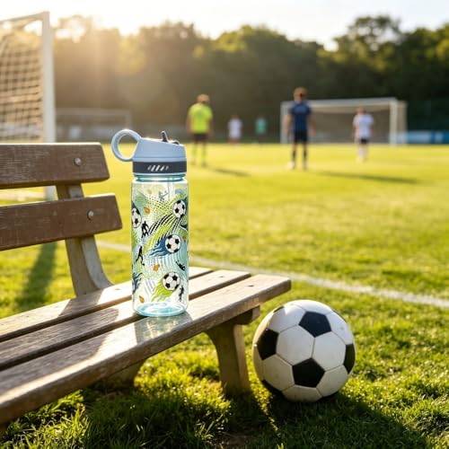 18oz Large Capacity Kids Water Bottle, Sturdy and Drop-resistant | Leak Proof, BPA Free, with Straw & Handle for School Travel, Dishwasher Safe - color: Football