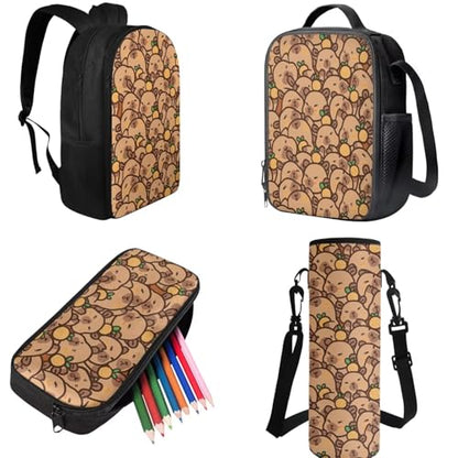 Cute Capybara Children's Backpack for Boys Girls Kids Back to School, 3rd Grade Lunch Box Pencil Case and Water Bottle Holder 4 PCS Set Art Study Supplies for Extracurricular Activities - color: Orange Capybara