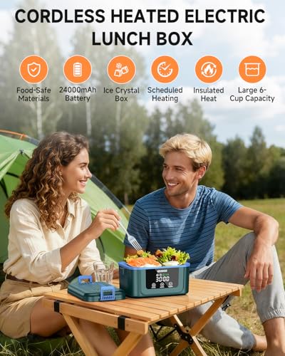 GEARGO 𝟐𝟎𝟐𝟔 𝐔𝐩𝐠𝐫𝐚𝐝𝐞𝐝 Cordless Electric Lunch Box, 6 Cups & 24000mAh Rechargeable Heated Lunch Box with Ice Crystal Box, 24 Hours Scheduled Self Heating Lunchbox For Men Women.
