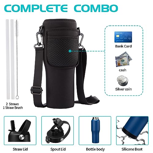 32oz Insulated Water-Bottle with Straw - Carrier Strap Bag, Keeps Cold 48h & Hot 24h, Metal Water Bottles 32 oz Cups with Lids for Gym/Hiking - color: Navy Blue, size: 32 Ounces