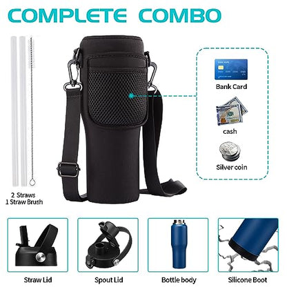 32oz Insulated Water-Bottle with Straw - Carrier Strap Bag, Keeps Cold 48h & Hot 24h, Metal Water Bottles 32 oz Cups with Lids for Gym/Hiking - color: Navy Blue, size: 32 Ounces