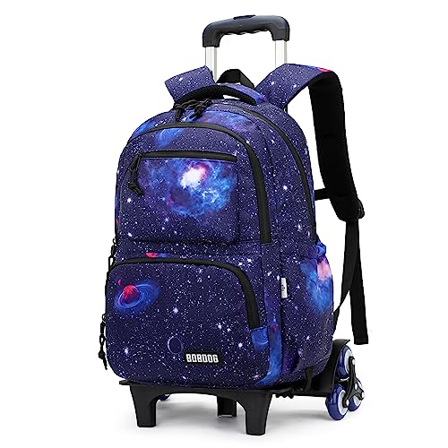 VIDOSCLA Galaxy Kids Rolling Backpack for Boys Primary Students Wheeled Bookbags for School - color: A#01-blue-galaxcy Single Roling Backpack