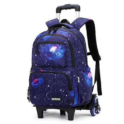 VIDOSCLA Galaxy Kids Rolling Backpack for Boys Primary Students Wheeled Bookbags for School - color: A#01-blue-galaxcy Single Roling Backpack