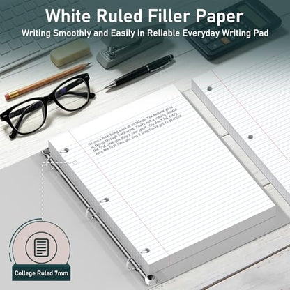 6 Pack Loose Leaf Paper, 120 Sheets Notebook Lined Pads, 8 x 10.5 College Ruled Filler Paper, 3-Hole Punched, White Loose Leaf Notebook Paper for 3 Ring Binders, for Home & Office, School Supplies - color: White