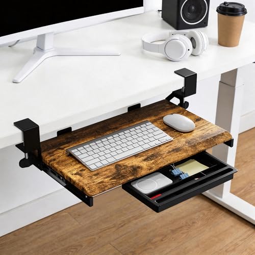 ETHU Keyboard Tray Under Desk, 19.7" X 12.2" Small Size C Clamp Keyboard Drawer Under Desk, Computer Keyboard Stand Slide Pull Out, Ergonomic Keyboard Tray for Home, Office (Wood) - color: Wood, size: 26.77" X 11.81"