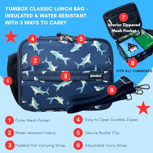 Yumbox Kids Lunch Bag, Holds Lunch Box and Water Bottle, 3 Ways to Carry, Zip Closure, Inside Zipper Netting, Wipe Clean Fabric with EVA lining for extra insulation, Shark - color: Shark