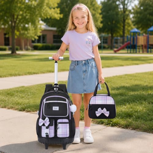 Bevalsa Rolling Backpack for Girls, Roller Backpack with Wheels, Cute Bow Wheeled School Bookbag Set with Lunch Bag & Pen Case, Suitcases for Kids Teens Elementary Middle Student (Black Purple) - color: Black Purple