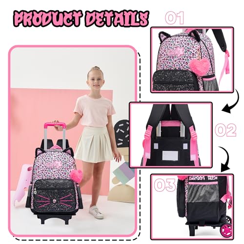 Meetbelify Girls Cute Backpack with Wheels for Elementary Students Kids Black Travel Luggage - color: Black Leopard Cat