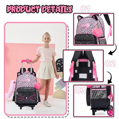 Meetbelify Girls Cute Backpack with Wheels for Elementary Students Kids Black Travel Luggage - color: Black Leopard Cat