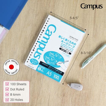 Kokuyo Campus Loose Leaf Paper for Binders, 2 Pack Sarasara Smooth Writing Paper, A5, 6 mm Dotted Rule, 20 Holes, 100 Sheets, Bleed resistance (NO-807BT)