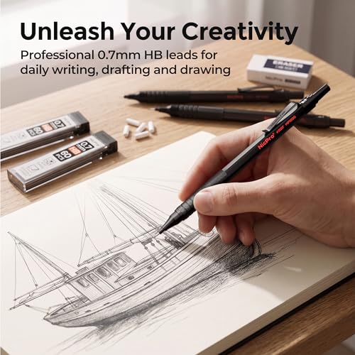 Nicpro Mechanical Pencils 0.7mm in Case, 3 Pack Metal Pencils Set, Black | 480PCS HB Lead Refills, 3 Erasers, 9 Eraser Refills, Anti-slip Grip, Art Sketching Pencil for Writing Drawing Drafting - color: Black, style: 0.7 MM
