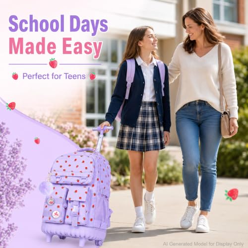 WZLVO 3PCS Roller Backpack, Water Resistance Girls Wheeled Bookbag, Women Aesthetic Rolling School Bag Set with Lunch Box & Pencil Bag for Teens & Kids - Purple Strawberry - color: 3pcs Girls Rolling Backpack - Purple Strawberry