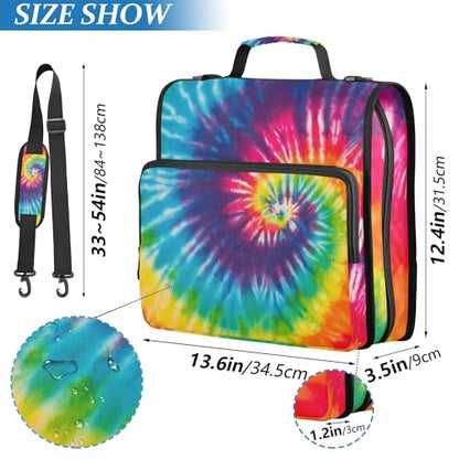 Fisyme Tie Dye Rainbow Zipper Binder 3 Ring with Zipper and Shoulder Strap Large Capacity Multi-Pocket Binder Organizer - color: Multi-colorful