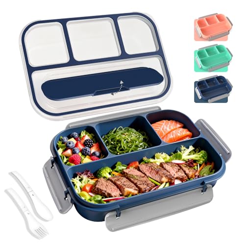 WHALEHOUSE Bento Lunch Box, 1000ML 4 Compartments Meal Prep Container with Utensil, Airtight Food Storage Container with Snap Locking Lids, Microwave/Dishwasher/Freezer Safe, On the Go - color: 1000mL-Dark Blue