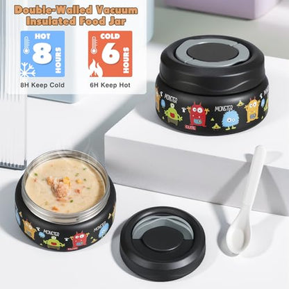 Bento Lunch Box for Kids with 7oz Soup Thermo,Insulated Stainless Steel Kids Water Bottle with Straw and Insulated Lunch Bag,Leak-Proof Lunch Food Container with Ice Pack for School(Black-Cute) - color: Black-Cute