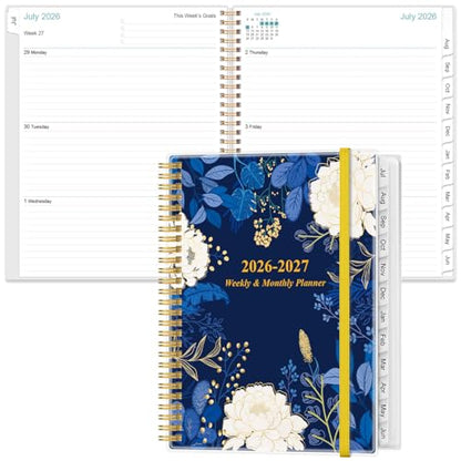 2026-2027 Planner - Weekly Monthly Planner 2026-2027 from July 2026 to June 2027 with 12 Monthly Tabs, Flexible Cover, Inner Pocket, 8.5" x 11", Blue Leaf Flower - color: Blue-Leaf-Flower, size: 8.5" x 11"