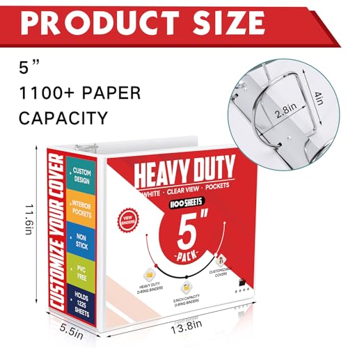 Sinload 4 Pcs 5 Inch Large Ring Binders with Pockets 3 Ring Binder 8.5" x 11" Presentation Folder View Binder with Customizable Clear Cover for Documents Files Projects(White) - color: White, size: 5 Inch