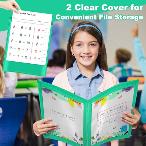 Henoyso 24 Pcs School and Home Folders with 2 Pockets and 4 Clear Inner Pockets, Heavy Duty Plastic Homework Communication Folder for Parent Teacher Student Home Classroom (Green)