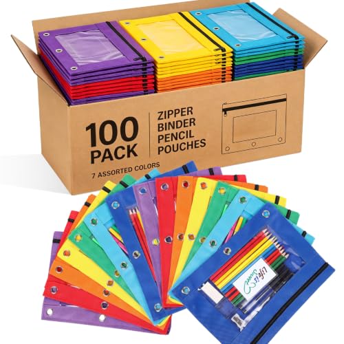Zhehao 100 Pcs Zipper Binder Pencil Pouches:3 Ring Binder Pencil Pouches with Window Bulk Clear Pen Bags Case for Office School Classroom Supplies(Novel Color,Single Layer) - color: Novel Color, style: Single Layer