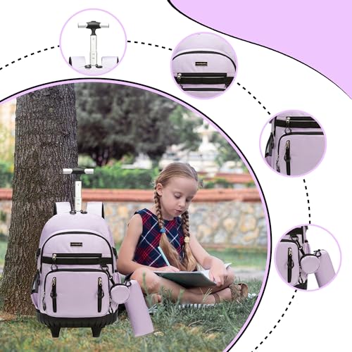 Meetbelify Rolling Backpack for Girls Boys Backpacks with Wheels Kids Carry on Luggage for Girls Boys - color: Girl Purple