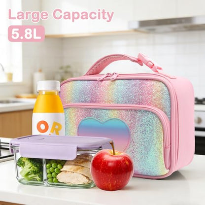 FlowFly Kids Lunch box Insulated Soft Bag Mini Cooler Back to School Thermal Meal Tote Kit for Girls, Boys,Glitter-RainBow - color: Glitter-RainBow
