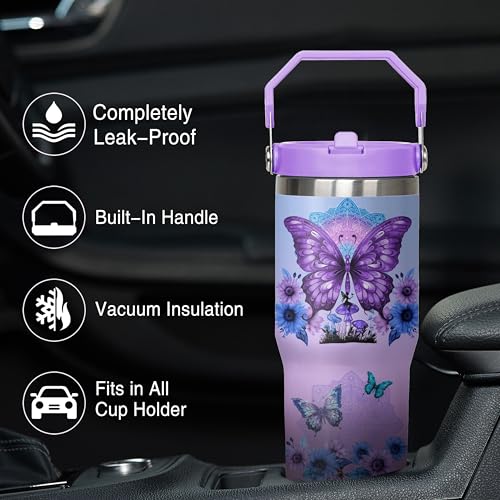 Queen Hero 30 oz Butterfly Tumbler with Handle, Large Insulated Tumbler with Flip & Straw Coffee Mug Cup Stainless Steel Gifts for Women Men Youth - color: Purple