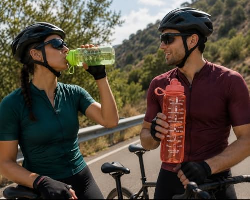 Water Bottles With Measurements and Time Markers BPA Free 2-Pack (Green and Orange)