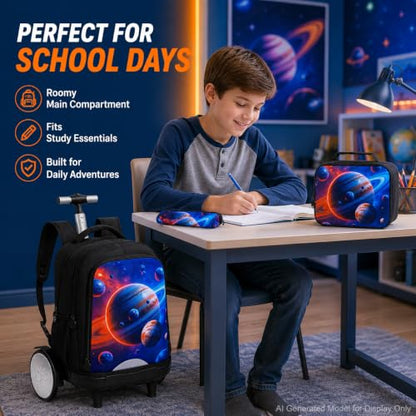 AGSDON Quiet Rolling Backpack with Lunch Box Set – Large‑Wheel Water‑Resistant Wheeled Bag for School, Outings, and Travel | Galactic Earth 3‑Piece Organizer Backpack - color: Big Wheel Rolling Backpack Galactic Earth