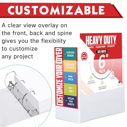 Sinload 4 Pcs 6 Inch Large Ring Binders with Pockets 3 Ring Binder 8.5" x 11" Presentation Folder View Binder with Customizable Clear Cover for Documents Files Projects(White) - color: White, size: 6 Inch