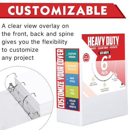Sinload 4 Pcs 6 Inch Large Ring Binders with Pockets 3 Ring Binder 8.5" x 11" Presentation Folder View Binder with Customizable Clear Cover for Documents Files Projects(White) - color: White, size: 6 Inch