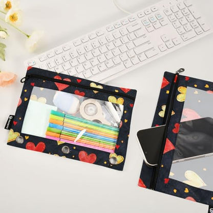 Fustylead Red and Yellow Hearts Big Capacity Pencil Bag Fits 3 Ring Binders, Waterproof Pencil Case with Clear Window for School Cosmetic Office Students Supplies 2 Pack - color: Black01