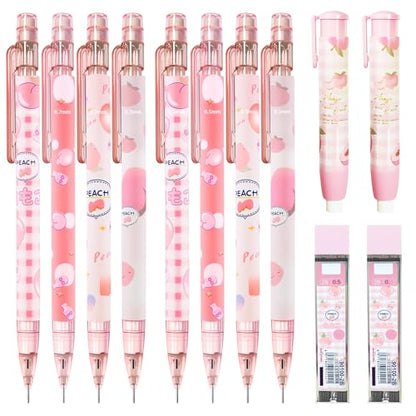 Cute Pink Coquette Peach Mechanical Pencil Set Include 8Pcs Kawaii Mechanical Pencils,2 Tubes Mechanical Pencil Lead Refills,2Pcs Erasers,for Office School Supplies - style: pink peach