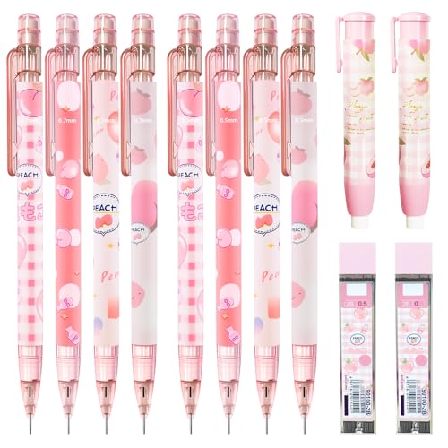 Cute Pink Coquette Peach Mechanical Pencil Set Include 8Pcs Kawaii Mechanical Pencils,2 Tubes Mechanical Pencil Lead Refills,2Pcs Erasers,for Office School Supplies - style: pink peach