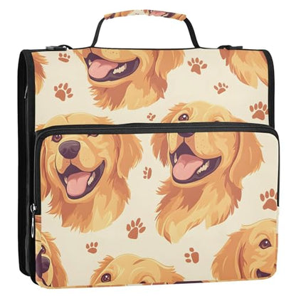 3 Ring Zipper Binder with Shoulder Strap Golden Retriever Face Pattern 1.5 inch Binders Keeper Large Capacity Multi Pockets for School Office Supplies