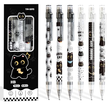 6 Pcs Black Cute Cat Mechanical Pencils with Eraser 0.5mm Kawaii Cartoon Cat Mechanical Pencil School Pencil Cat Gifts for Women Man - style: 1 black kawaii cat