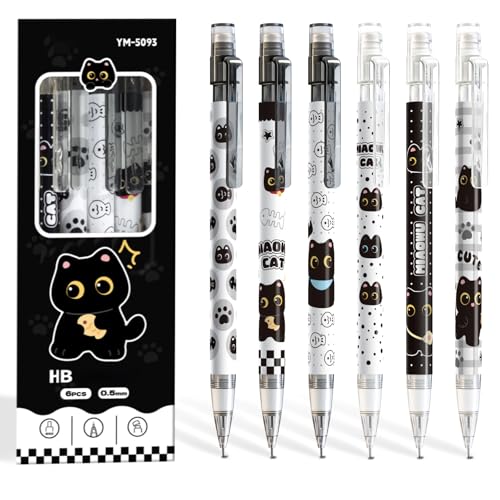 6 Pcs Black Cute Cat Mechanical Pencils with Eraser 0.5mm Kawaii Cartoon Cat Mechanical Pencil School Pencil Cat Gifts for Women Man - style: 1 black kawaii cat