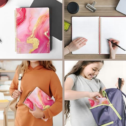 Cute Spiral Notebook journal A4 Aesthetic Pretty Design for Women Girls Kawaii with Pocket, 8.5 x 11 inch, Graph, Marble - color: Pink Marble, style: Graph