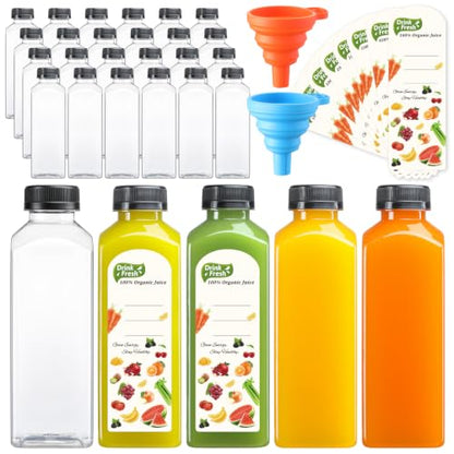 24 PACK, 16 OZ Reusable Thicker Plastic Juice Bottles with Caps, Leakproof | Plus 24 Labels & 2 Funnels, Clear Juicing Bottles for Juice, Smoothies, Ginger, Tea, Coffee -Food Grade & Travel & Freezable - size: 16oz