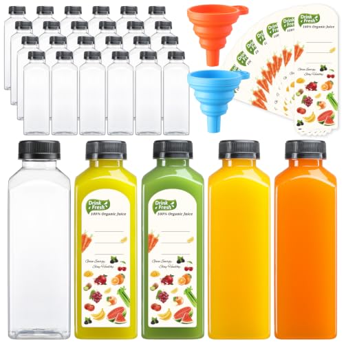 24 PACK, 16 OZ Reusable Thicker Plastic Juice Bottles with Caps, Leakproof | Plus 24 Labels & 2 Funnels, Clear Juicing Bottles for Juice, Smoothies, Ginger, Tea, Coffee -Food Grade & Travel & Freezable - size: 16oz