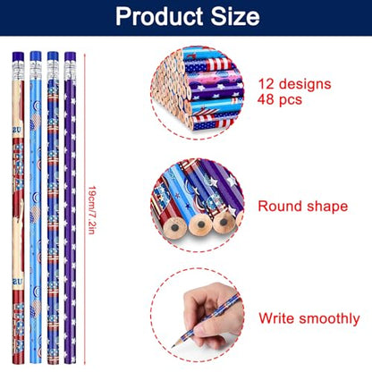 American Flag Themed Wood Pencils with Eraser, 48pcs Patriotic Pencils in 12 Designs, USA Flag Gifts Pencil for 4th of July USA Independence Day Parades Party Favors School Office Supplies
