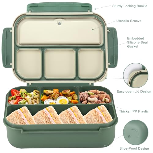 Bento Box Adult Lunch Box, Lunch Containers for Kids Girls Boys with 4 Compartments, Lunchable Food Container with Utensils, Sauce Jar, Muffin Liners, 40 Oz/5 Cup, Microwave & Dishwasher Safe, Green - color: Green