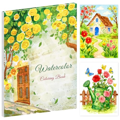 Elfew Flower & Landscape Watercolor Coloring Books for Adults & Beginners | 20 Patterns, 160gsm No-Bleed Watercolor Paper, Watercolor Workbook, Easy Tear Binding, Ideal Gift for Relaxation - color: Watercolor Coloring Book